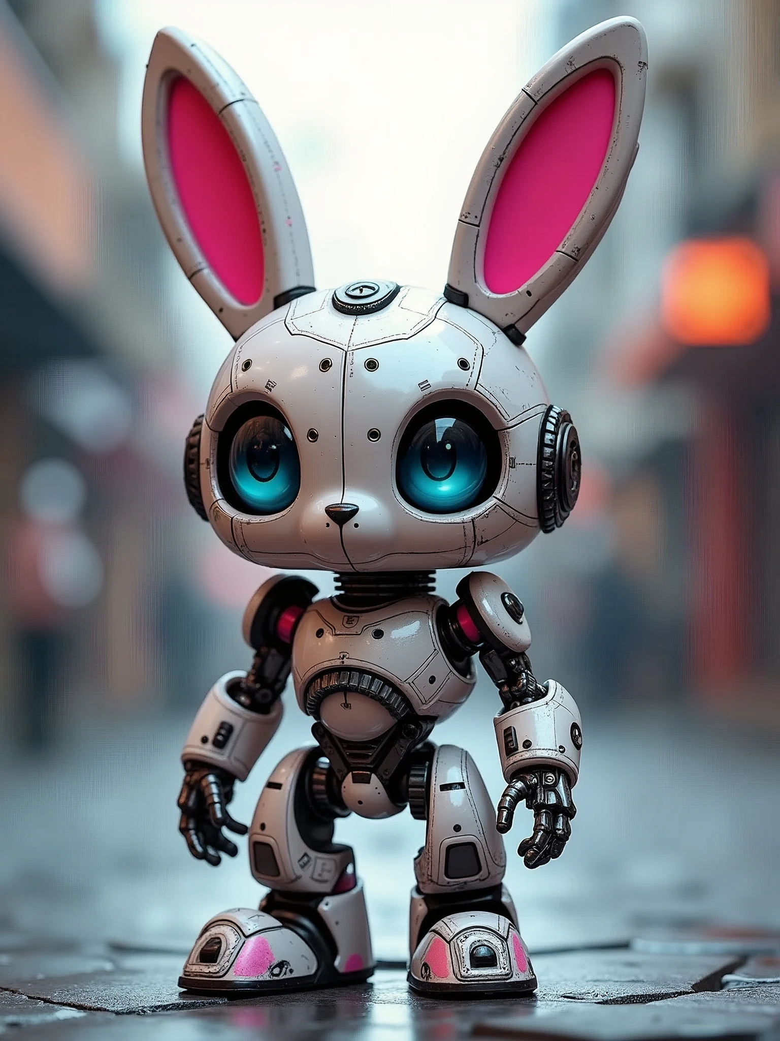 3D toy, ip, Cyberpunk style, mechanical bunny, simple background, best quality, c4d, mixer, 3D model, toy, whole body, watching the audience, super details, clean background, ip by pop mart, physical blind box, vivid color, street style, high resolution, a lot of details, Pixar, candy color, fashion trend, art -- ar 3:4-niji 5-style expressional-q 0.5-s 100