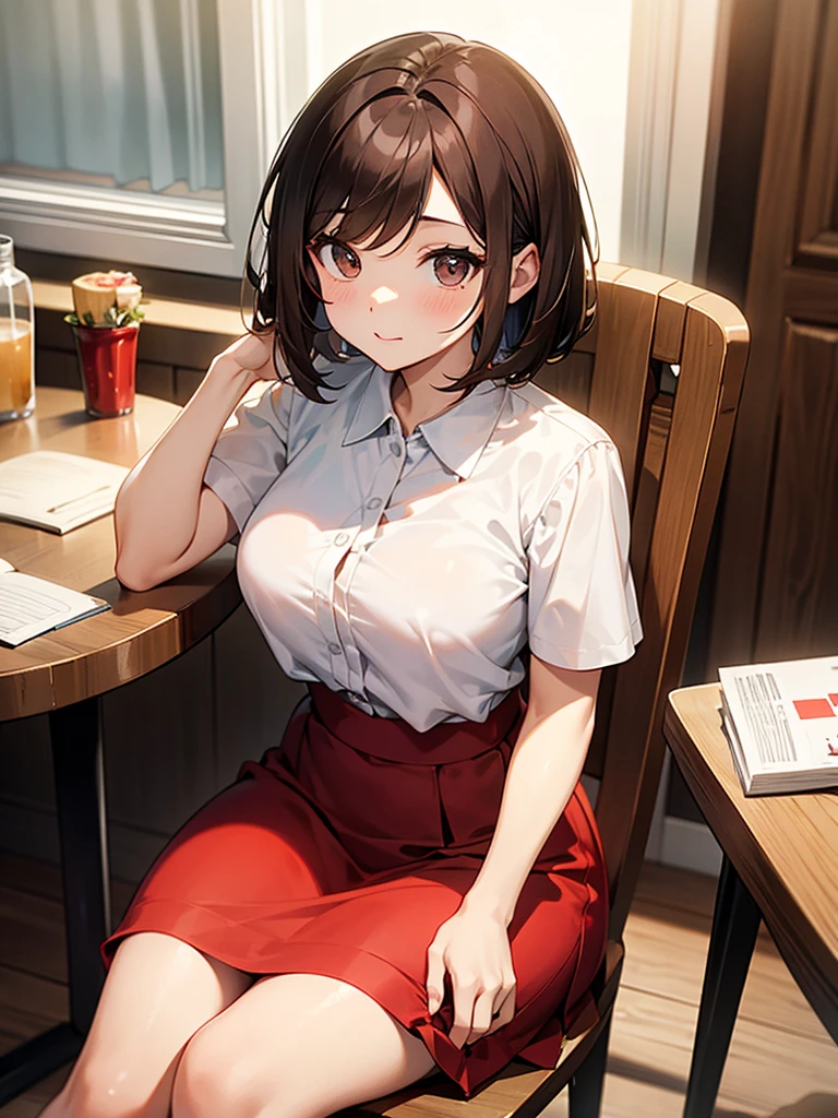 Brown Hair:1.3. Wavy Hair:1.3. Bob Cut Hair:1.6. Round Eyes Beauty:1.3. Well-shaped breasts, large breasts, brown eyes, side-swept bangs:1.6. My cheeks are red:1.3. On the table (medicine:1.3) A small glass of clear water, a white blouse, short sleeves, stylish, a red long skirt:1.3 Apartment room Sitting on a chair Table