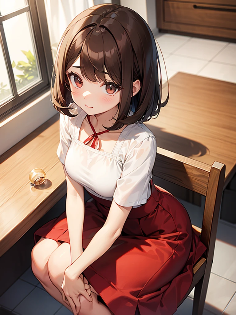 Brown Hair:1.3. Wavy Hair:1.3. Bob Cut Hair:1.6. Round Eyes Beauty:1.3. Well-shaped breasts, large breasts, brown eyes, side-swept bangs:1.6. My cheeks are red:1.3. On the table (medicine:1.3) A small glass of clear water, a white blouse, short sleeves, stylish, a red long skirt:1.3 Apartment room Sitting on a chair Table