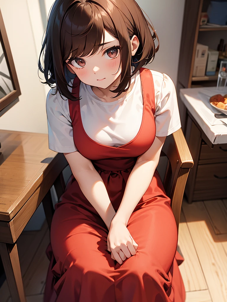 Brown Hair:1.3. Wavy Hair:1.3. Bob Cut Hair:1.6. Round Eyes Beauty:1.3. Well-shaped breasts, large breasts, brown eyes, side-swept bangs:1.6. My cheeks are red:1.3. On the table (medicine:1.3) A small glass of clear water, a white blouse, short sleeves, stylish, a red long skirt:1.3 Apartment room Sitting on a chair Table