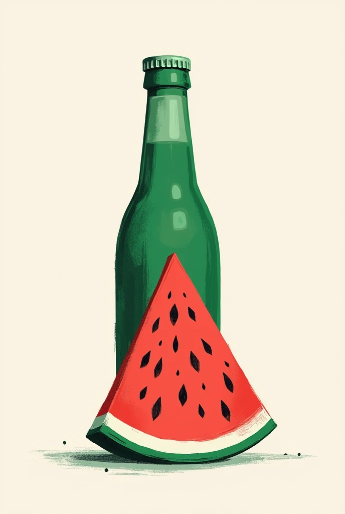 Watermelon Bottle package design, Spot illustration, abstract expressionism, green and red, Minimal and Playful

