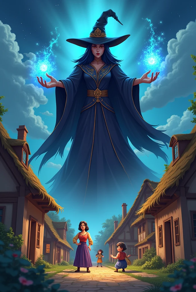Image cartoon, The village people were very afraid of the with. He knew that if the with gets angry she can destroy the entire village with her magic 8k ultra HD quality