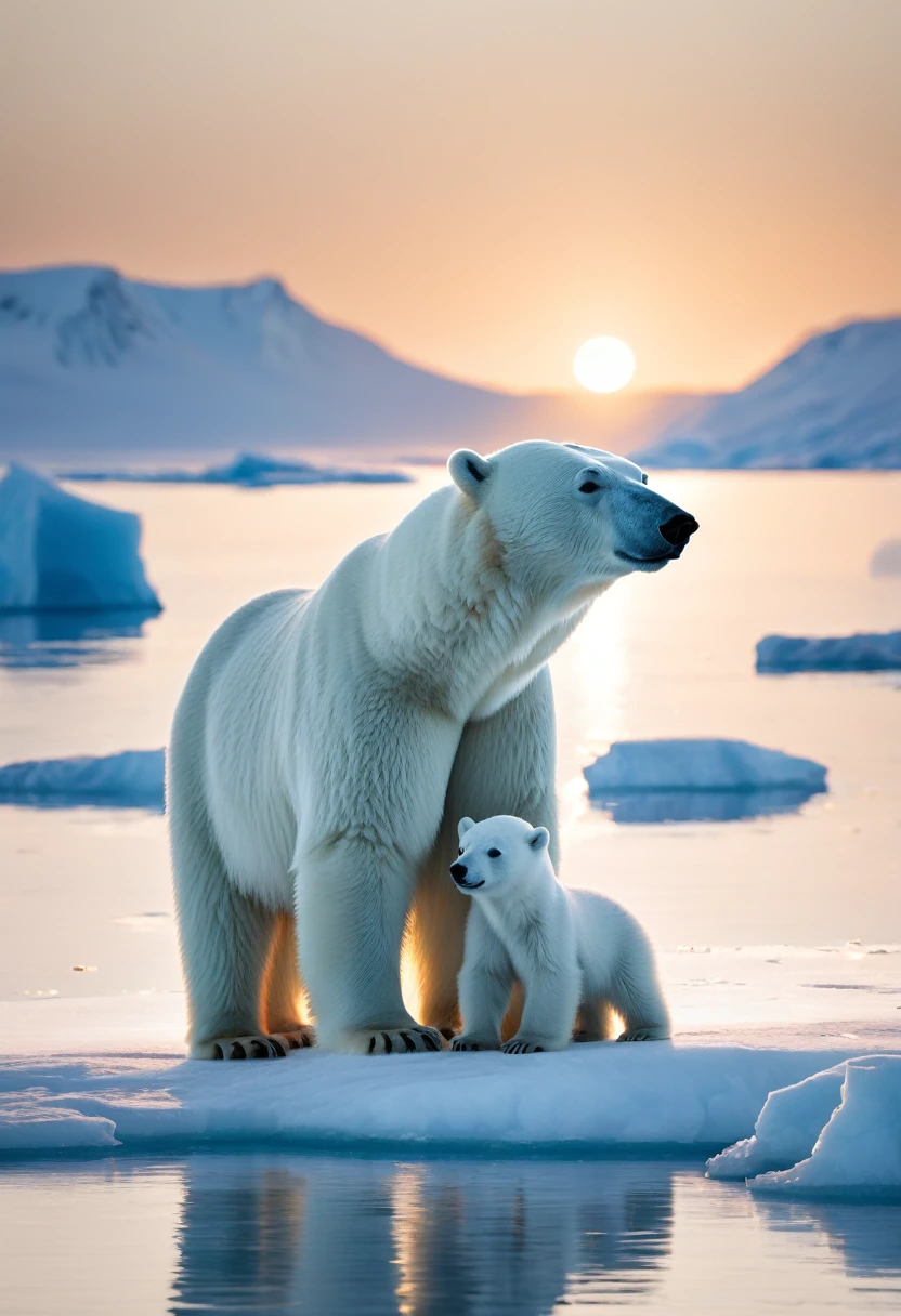 8K quality, ultra-high definition and realistic, Arctic, midnight sun, summer solstice, mother and cub polar bear, walking on drift ice, sunlight sparkling, pure white ice world, dark blue Arctic Ocean, clear sky, dazzling sun, backlit, deep shadows, mother and cub polar bear captured with a telephoto lens, conveying the emotion of mother and cub.