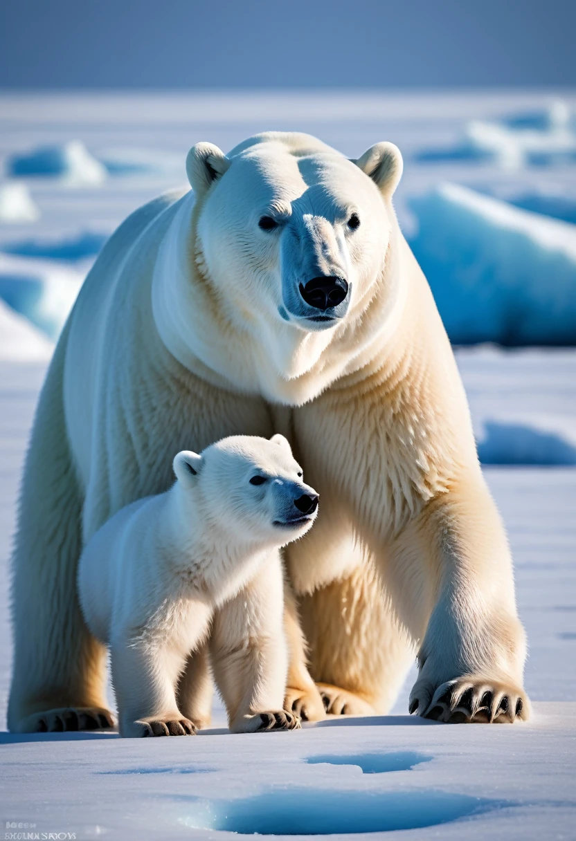 8K quality, ultra-high definition and realistic, Arctic, midnight sun, summer solstice, mother and cub polar bear, walking on drift ice, sunlight sparkling, pure white ice world, dark blue Arctic Ocean, clear sky, dazzling sun, backlit, deep shadows, mother and cub polar bear captured with a telephoto lens, conveying the emotion of mother and cub.