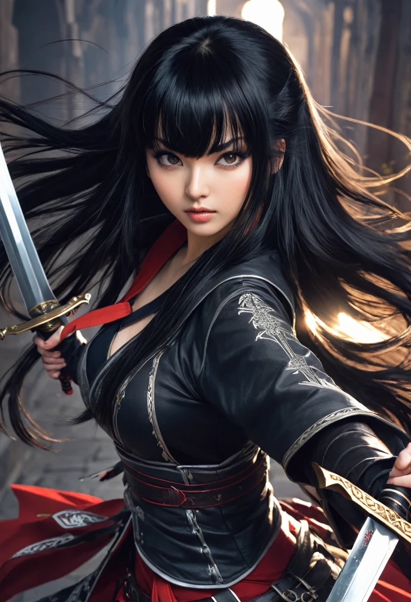 1girl, solo, long hair, looking at viewer, black hair, bangs, assasin outfit holding a two swords