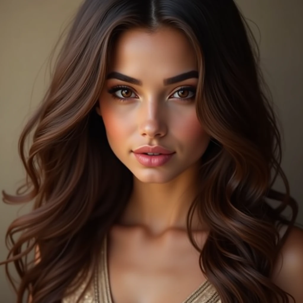 a beautiful young woman, Arab girl 26 years old, long wavy brown hair, detailed skin, Normal skin, beautiful dark brown eyes shaped like&#39;almond, beautiful detailed lips, extremely detailed face, long cils, elegant pose, natural lighting, warm color tones, portrait, Photorealistic, 8k, best quality, head of&#39;artwork