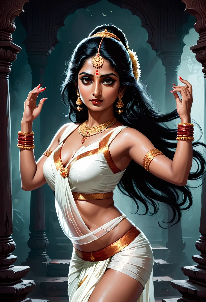 Digital illustration with a dark, eerie style. The layout features a central figure, idol of an indian woman with long, disheveled black hair, towards the viewer., bharatnatyam dancing pose , Her skin is pale, and her eyes are glowing white, big breast, sexy, scary looks, giving her a menacing appearance. The woman is dressed in a white short saree (sleeveless) , showing thighs and legs, dark atmosphere, scary bloody ambience