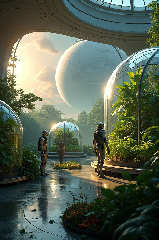 A space farming system floating in galaxy space around Earth on a large spaceship with several large glass domes. Inside, various types of plants vegetables  and fruits are growing. These domes have light from the sun shining through the glass. and has an automatic watering and climate control system Robots working around