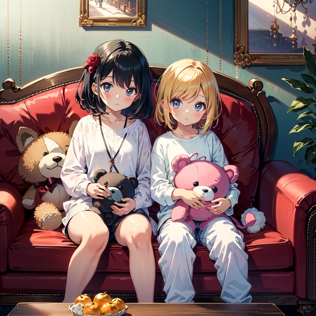 {{{Masterpiece, highest quality, high resolution background}}}, bright and beautiful atmosphere, 1 girl (7 years old, round face, baby face), small breasts, on the sofa in the living room, cute casual clothes, holding a big teddy bear A girl sitting on a sofa, "deltamon_sdXL :0.73) >Deltamon"