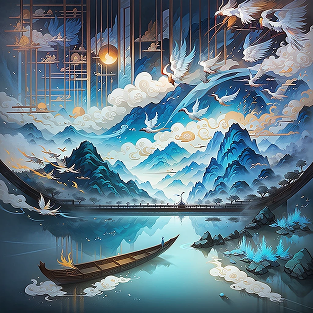 Chinese landscape map distant mountains, clear rivers, ancient buildings, boats, birds, phoenixes, cranes, clouds and mist, brilliant light, long-distance perspective, ultra-wide angle, majestic and vivid colors, ultra-bright light, ultra-high image quality. Ultra high detail, depth of field, cinematic quality, 100mm lens, flat illustration style --AR 9:16 --V 5 --S 750 --V 5