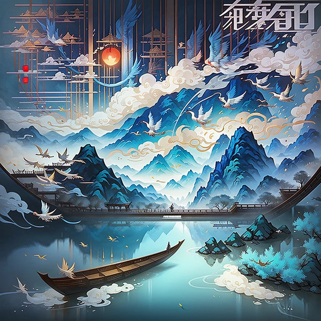 Chinese landscape map distant mountains, clear rivers, ancient buildings, boats, birds, phoenixes, cranes, clouds and mist, brilliant light, long-distance perspective, ultra-wide angle, majestic and vivid colors, ultra-bright light, ultra-high image quality. Ultra high detail, depth of field, cinematic quality, 100mm lens, flat illustration style --AR 9:16 --V 5 --S 750 --V 5