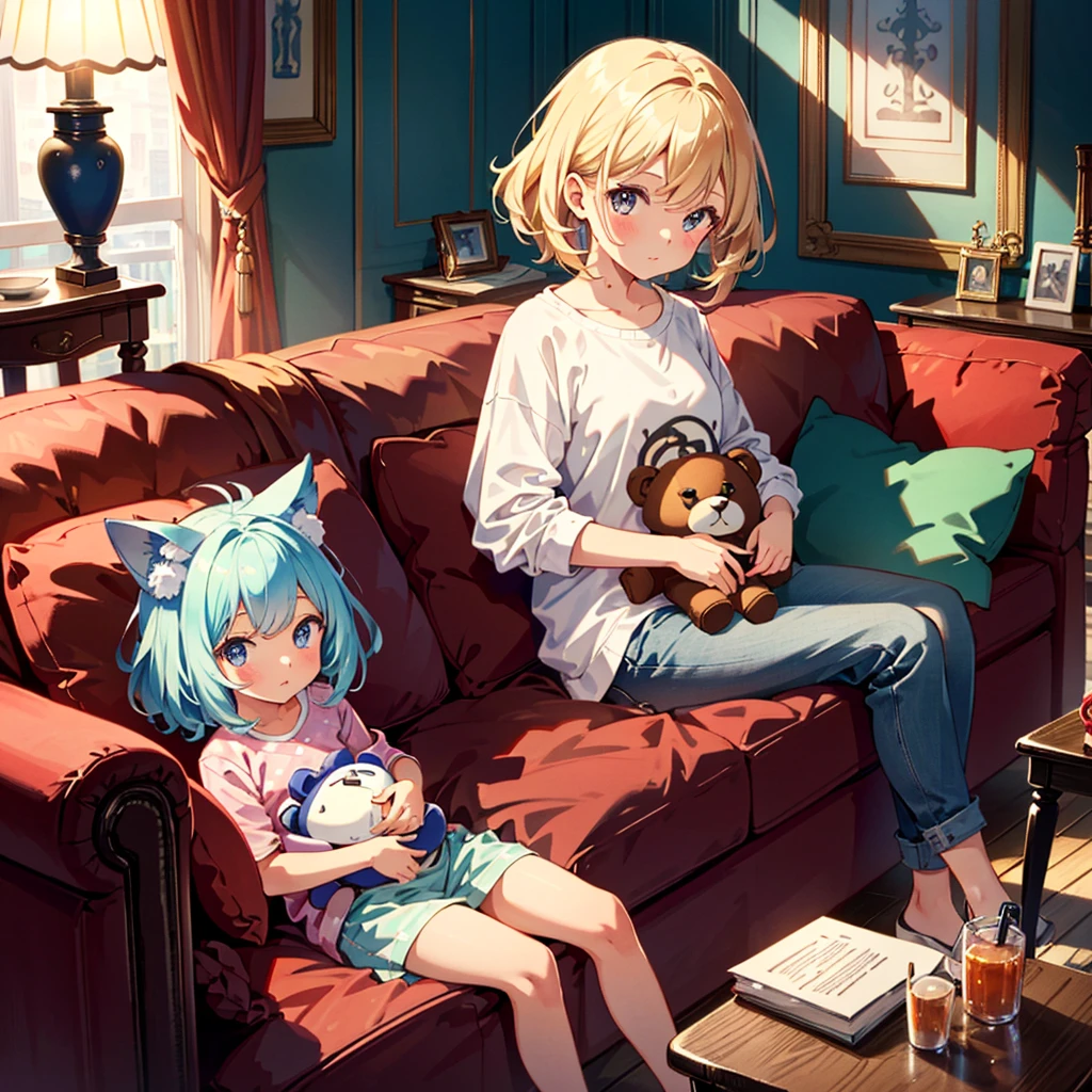 {{{Masterpiece, highest quality, high resolution background}}}, bright and beautiful atmosphere, 1 girl (7 , round face, baby facebreasts, on the sofa in the living room, cute casual clothes, holding a big teddy bear A girl sitting on a sofa, "deltamon_sdXL :0.73) >Deltamon"