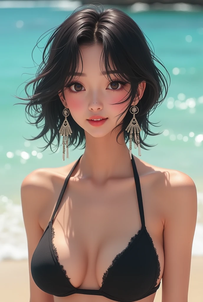Arabian woman with dark hair and earrings smiling at the camera, Tadashi Nakayama photo, Instagram, What it is？, kimi takemura, Yoshitomo Nara, Lee Ji-eun, Lee Ji-eun, chiho ashima, Ishida Sui with black hair, Song Hye-kyo, Cute Korean Actresses,・Black swimsuit ・Bikini digging into skin ・In the heat ・Blushing ・Open mouth ・Bursting breasts:1.4 ・Big breasts ・Navel pussy ・Vagina ・Short hair ・Leg spread wide,A little 