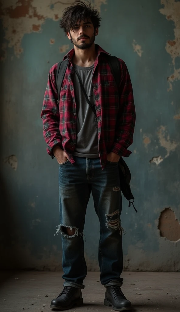 "grunge 90s fashion portrait, dark tones, flannel shirts, ripped jeans, alternative style"