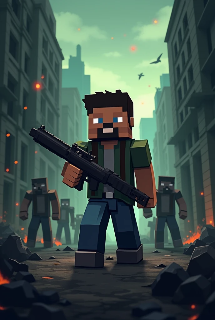 Design a Minecraft-style post-apocalyptic survival game logo in pixel art. The central focus is a pixelated character holding a gun, standing ready for battle. Surround the character with elements that suggest a zombie-infested world, including pixelated zombies, broken buildings, and dark, moody lighting. The overall color palette should be gritty and muted, with shades of gray, brown, and dark green, reflecting the bleak and dangerous environment.