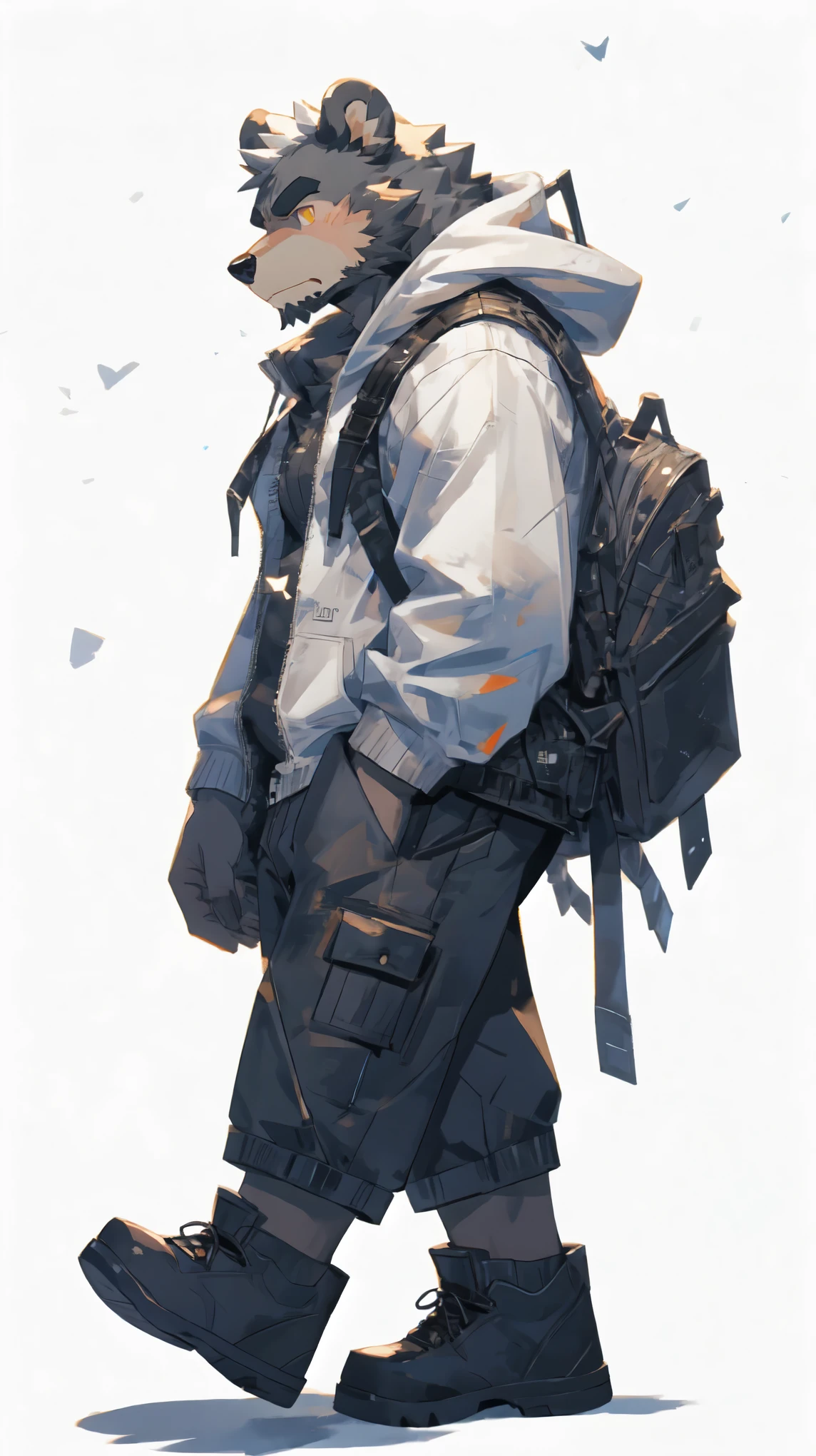 (masterpiece:1.2), best quality,pixiv,official art,perfect anatomy, (Ray tracing, light),solo, (1_male:1.3) , (muscle), (grey fur:1.4), (muscle bear), (beard:1.2), (gleaming golden eyes), bear tail, full body, Thick black eyebrows,(open short hoodie),(naked inside),cargo shorts, black short boots, (pure white background: 1.3),(side view:1.2),looking straight,unhappy, (walking:1.3), full body, dynamic pose