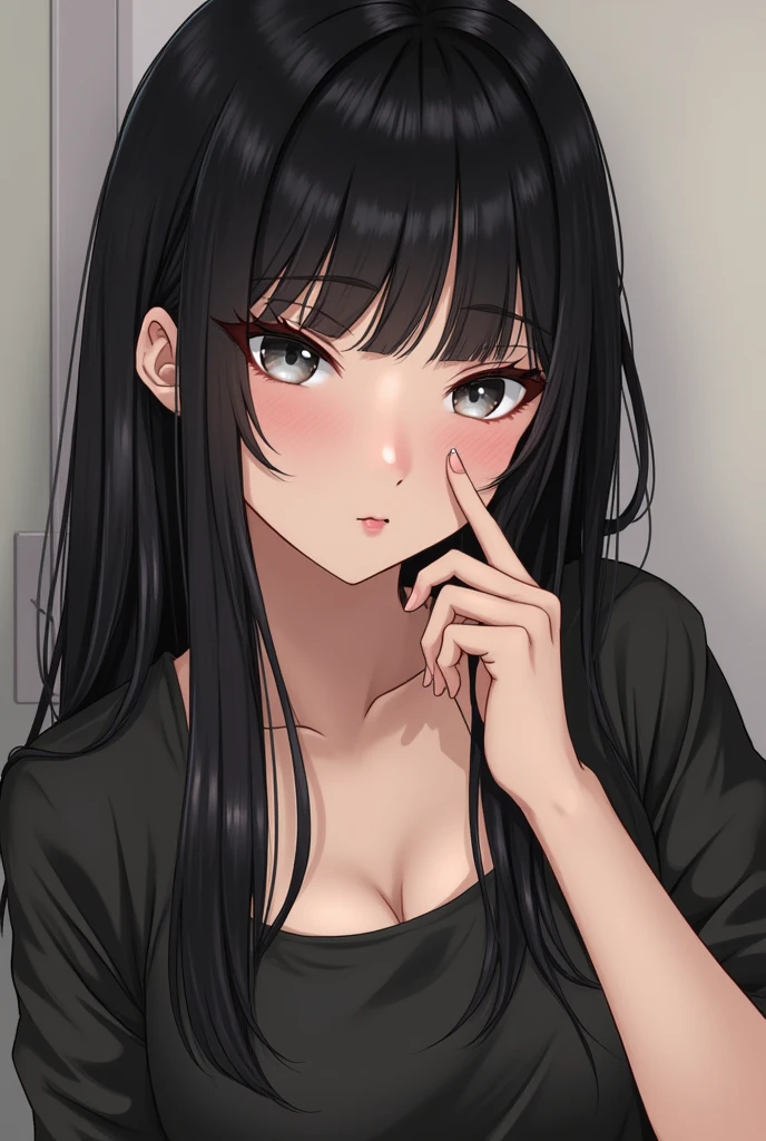 Upper Body Beautiful Skin Japanese Black Hair Cheeks Long sleeve Long hair pressing cheek with fingers