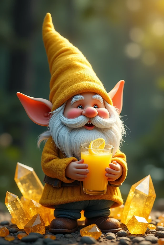 ((best qualityer)), ((work of art)), (detailded), 1 gnome, standing, happy with your lemonade, surrounded by valuable crystals, bright and yellowish citrine.