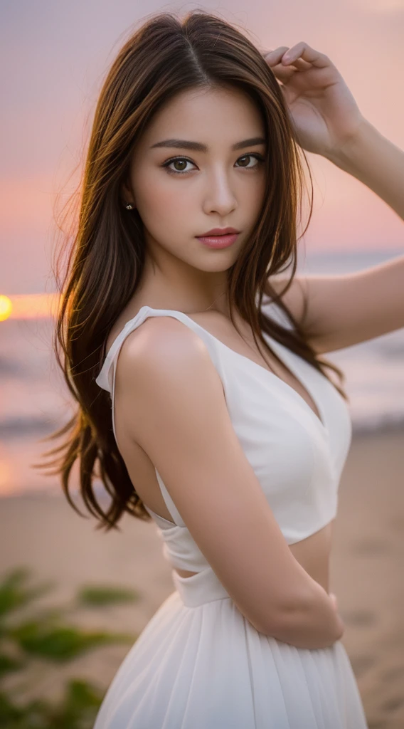 ((Realistic lighting, Highest quality, 8k, masterpiece: 1.3)), Clear focus: 1.2, One girl, Perfect beauty: 1.4, Slim Abs: 1.1, ((Dark brown hair)), (White Dress: 1.4), (Outdoor, sunset: 1.1), Seaside, Very beautiful face, Beautiful Eyes, double eyelid,
