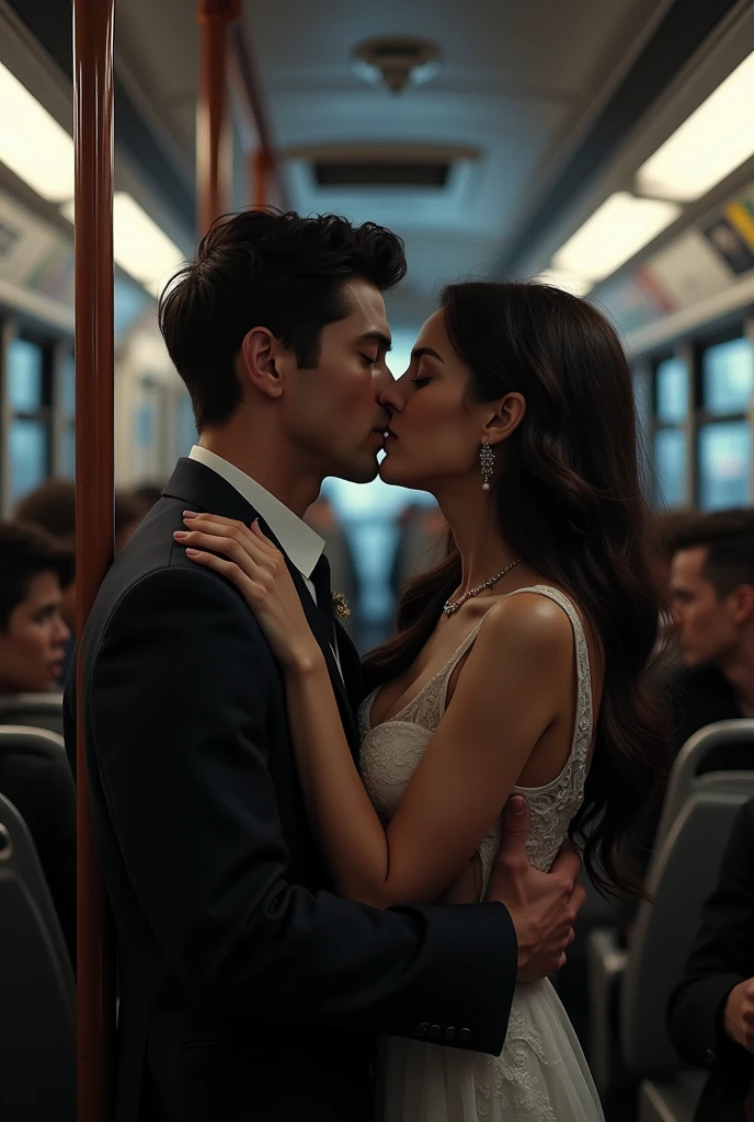 A couple is kissing in to the bus