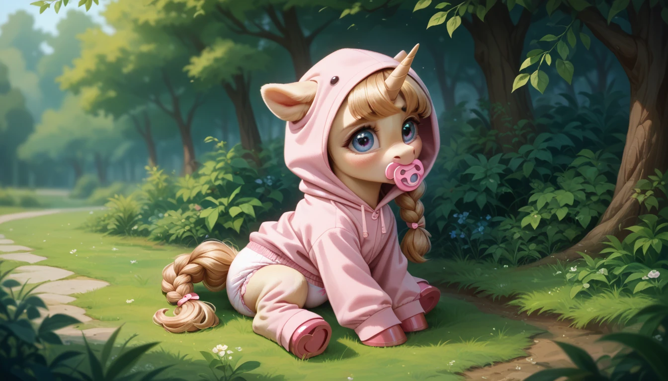 pony, light caramel unicorn, adult filly, plum eyes, lush mane braided, bushy tail, sitting outside, dressed in bright pink onesie and pink booties, pink pacifier in mouth, solo, thick light pink diaper under clothes.