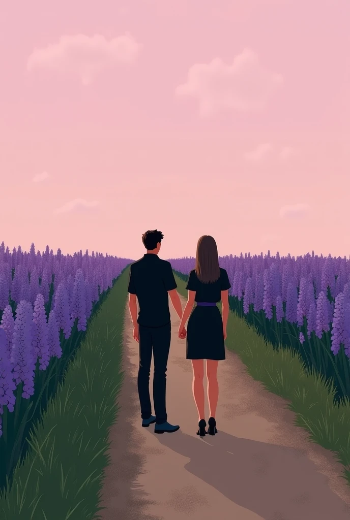 A field with purple hyacinths, a dirt road with a woman of height 1.50 with black blouse and black dress pants holding the hand of a man of height 1.80 with black shirt and black dress pants. and a pink sky,