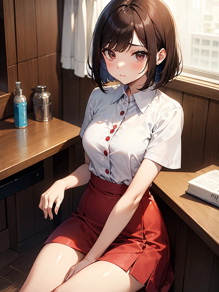 medicine:1.Close-up on 9: Gloomy expression, brown hair:1.3. Wavy Hair:1.3. Bob Cut Hair:1.6. Round Eyes Beauty:1.3. Well-shaped breasts, large breasts, brown eyes, side-swept bangs:1.6. My cheeks are red:1.3. On the table (medicine:1.3) A small glass of clear water, a white blouse, short sleeves, stylish, a red long skirt:1.3 Apartment room Sitting on a chair Table