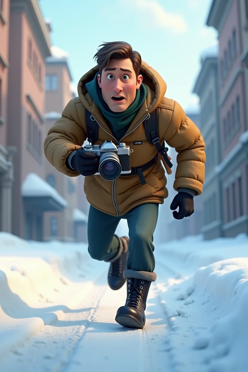 Pixar style, animation, 3d, journalist, 1900s, Russia, snow background, journey, camera, 30s age, adventure, running , movie poster, high quality, running face expression, vantage camera on his hand, full body shows. Disney, wearing a black boots