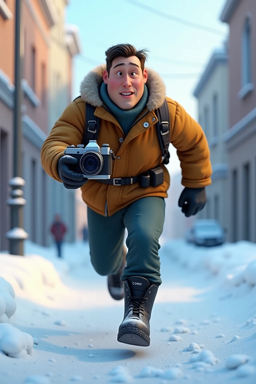 Pixar style, animation, 3d, journalist, 1900s, Russia, snow background, journey, camera, 30s age, adventure, running , movie poster, high quality, running face expression, vantage camera on his hand, full body shows. Disney, wearing a black boots