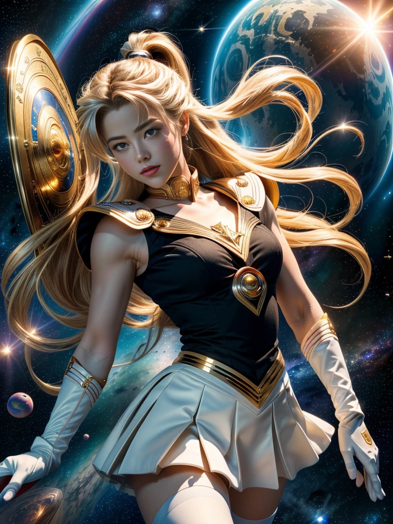 (Highly detailed CG Unity 8K wallpaper, masterpiece, 最high quality), (exquisite light and shadow, very dramatic picture, cinematic lens effects), (sailor moon), AMBER HEARD, delicate features, plump body, double ponytail, blue eyes, long blonde hair, tight top, white gloves, mini skirt, black stockings, dynamic pose), ((The background is space)), (excellent details, excellent lighting, wide angle), (Excellent rendering is、Enough to stand out in its class), muste piece, best quality, Super detailed, masterpiece, 最high quality, high quality, high resolution、unparalleled beauty、(Holds a large, round shield in the right hand)
