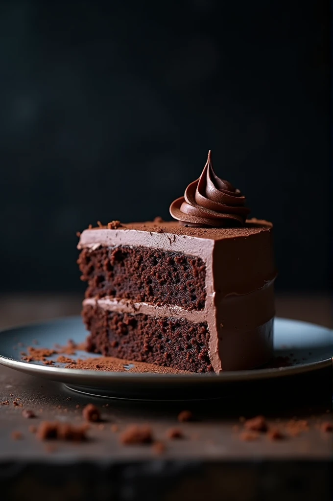 cinematic film still chocolate, chocolate cake, dark background, quality photo, moist texture, frosting, studio photo, slice . shallow depth of field, vignette, highly detailed, high budget, bokeh, cinemascope, moody, epic, gorgeous, film grain, grainy