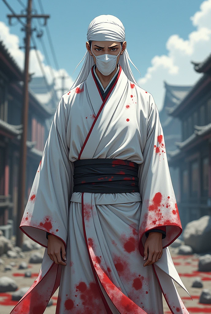 Japanese white kimono doctor with mouth veil and white head wear rag and blood stained on the dress anime