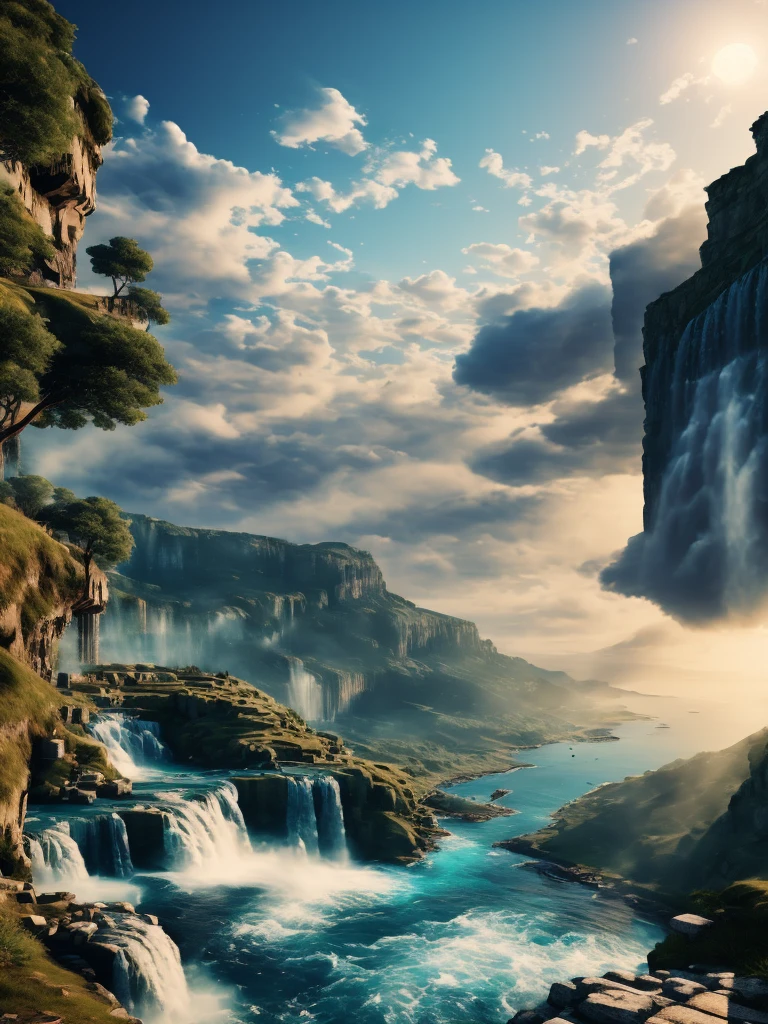Parthenon,on the cliff,waterfall,look up,Blue water,Rendered by Octane,(masterpiece), (Extremely detailed and highest quality CG Unity 8K Wallpapers Best Best Illustrations),photo grade,Super realistic light and shadow,halo