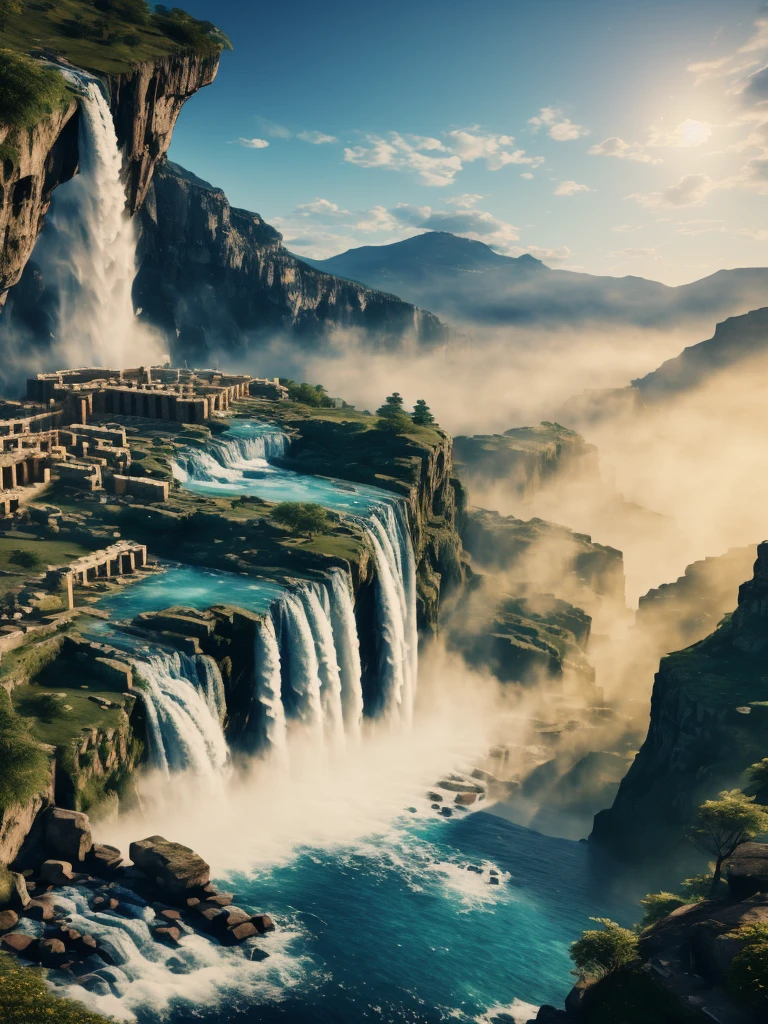 Parthenon，on the cliff，waterfall，look up，Blue water，Rendered by Octane,(masterpiece), (Extremely detailed and highest quality CG Unity 8K Wallpapers Best Best Illustrations)，photo grade，Super realistic light and shadow，halo