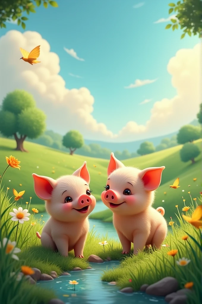 Create an image that contains a landscape and two little pigs. 
