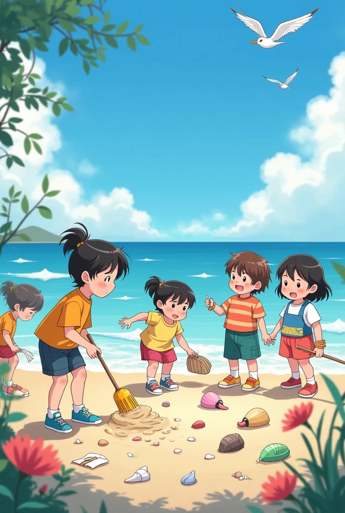 anime,cute,Children,Picking up rubbish,Ocean
