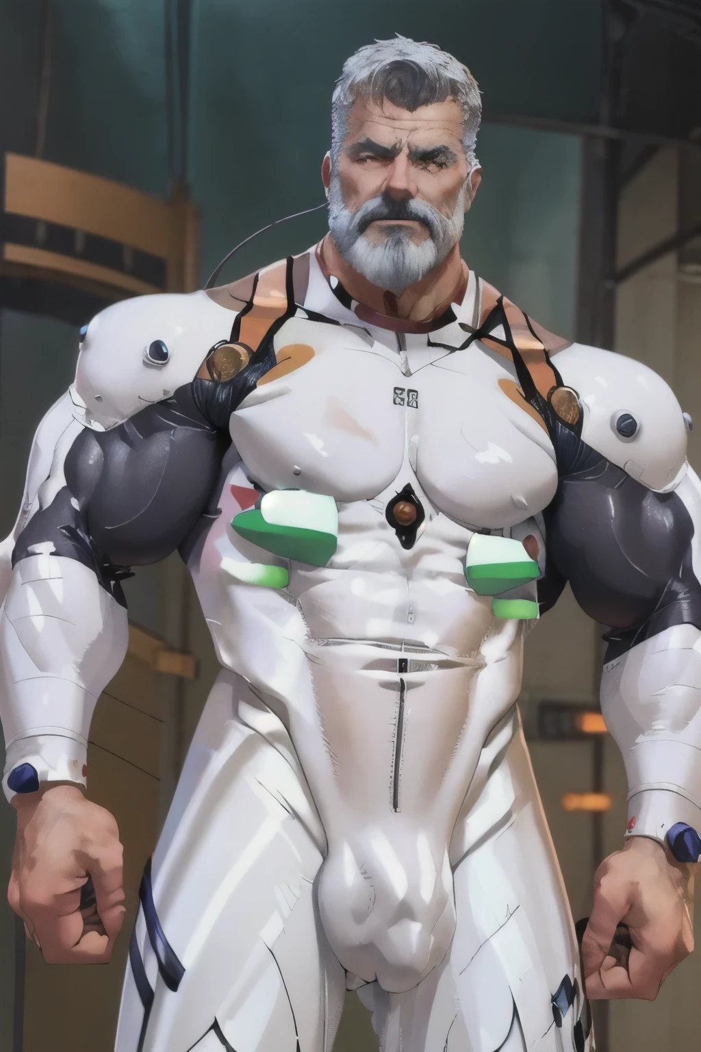 (masterpiece, best quality), 1 old man, handsome beautiful face, muscle male, beautiful body, wearing ayanami plugsuit, bodysuit, interface headset, white bodysuit, nice bulge, nicebulge,