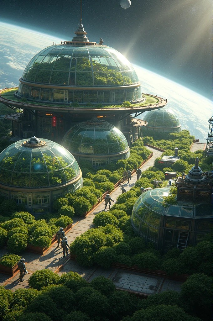 A space farming system floating in space around Earth on a large spaceship with several large glass domes. Inside, various types of plants are growing. These domes have light from the sun shining through the glass. and has an automatic watering and climate control system Robots working around