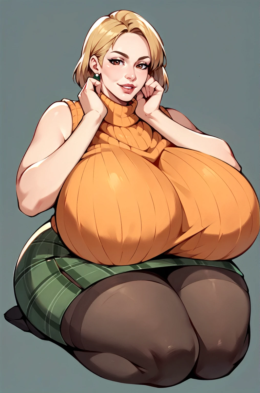 score_9, score_8_up, score_7_up, score_6_up, score_5_up, score_4_up, solo, thicc Ashely Graham from resident evil 4, ((mature mom)), short blonde hair, brown eyes, ((orange sleeveless turtleneck sweater with a burgundy sweater around her neck)), green plaid skirt, big thick full lips, ((pouted lips)), red eyes, ((squinting eyes)), ((full body)), ((NSFW)), sexy, seductive, alluring, cute smile, joyful, (((arms's rest squeezing breasts))), (((gigantic breasts))), sagging breasts, big nipples, wide hips, thick thighs