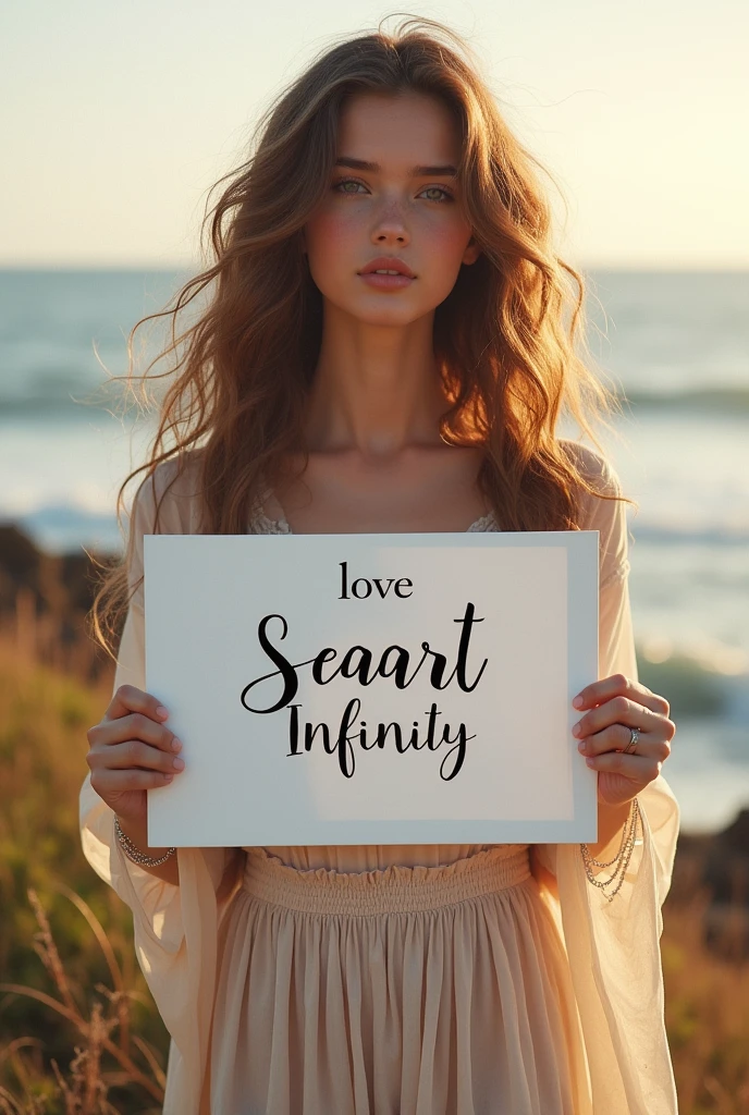 Beautiful girl with wavy long hair, bohemian dress, holding a white board with text "I Love Seaart Infinity" and showing it to the viewer