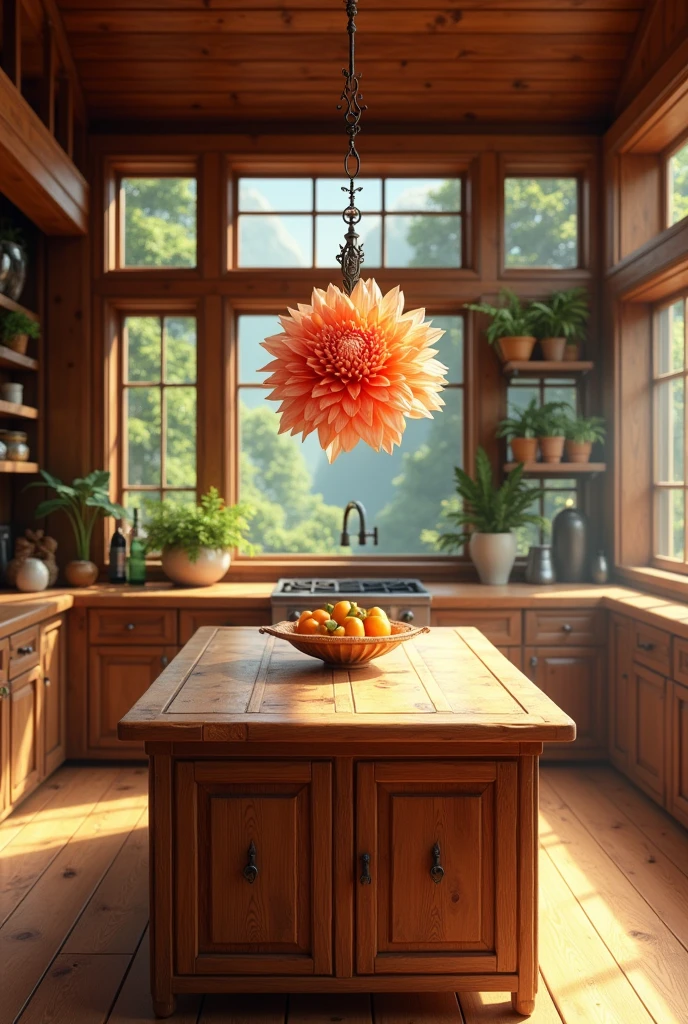 Big Kitchen interior , wood house style 
Beautiful flower ornamen 
