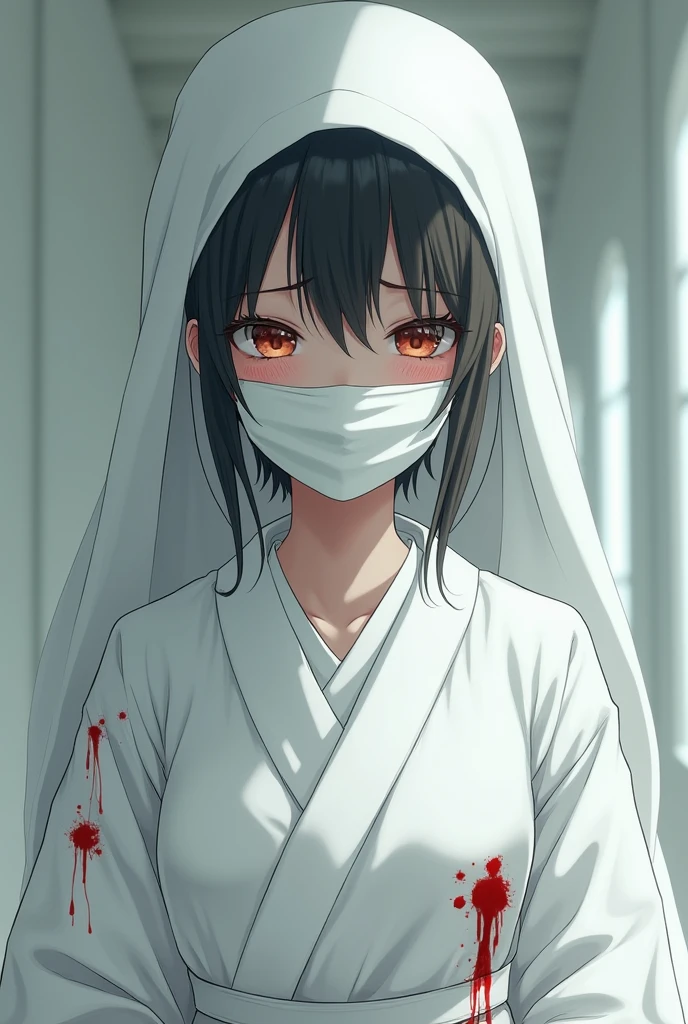 Japanese white kimono doctor with mouth veil and white head wear rag and blood stained on the dress anime girl