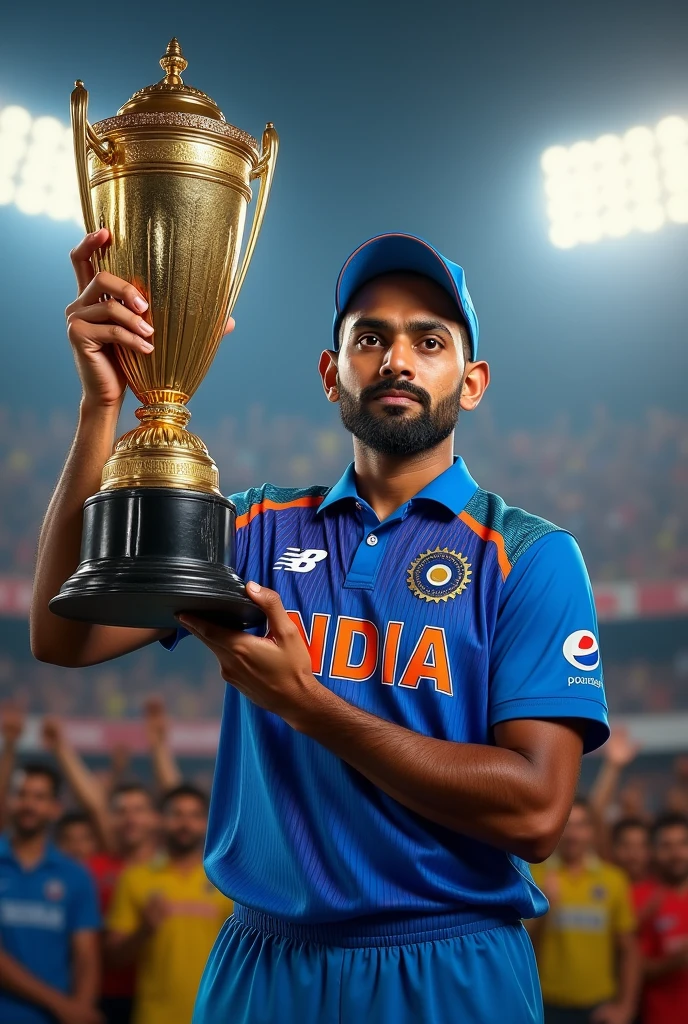 Indian cricket team captain of jersy number 45 with cricket worldcup in hand