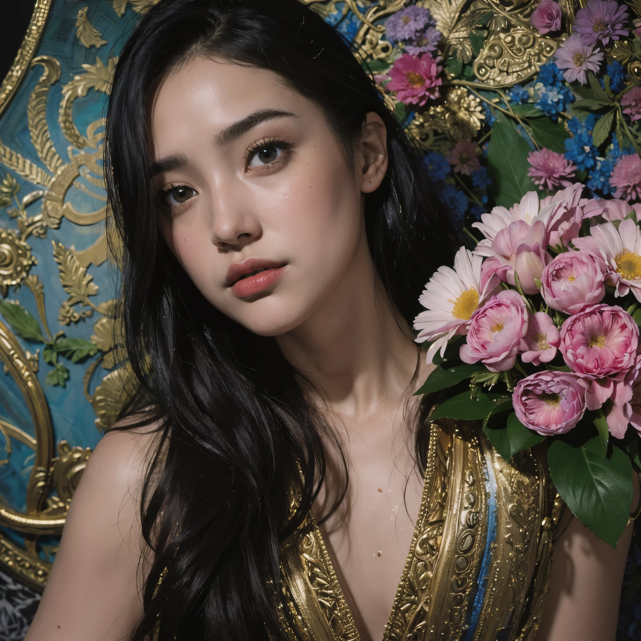 (ultra-detailed background, detailed background), absurdres, highres, ultra detailed, extremly detailed, 1girl, (bunch of flowers:1.3), (zentangle:1.2), (geometric:1.2),(colorful), chiaroscuro technique on illustration of an elegant oldies , wet hair, vintage, eerie, matte painting, by Hannah Dale, by Harumi Hironaka, extremely soft colors, vibrant, highly detailed, digital illustrations , high contrast, dramatic, refined, tonal, emotional expression, golden ratio