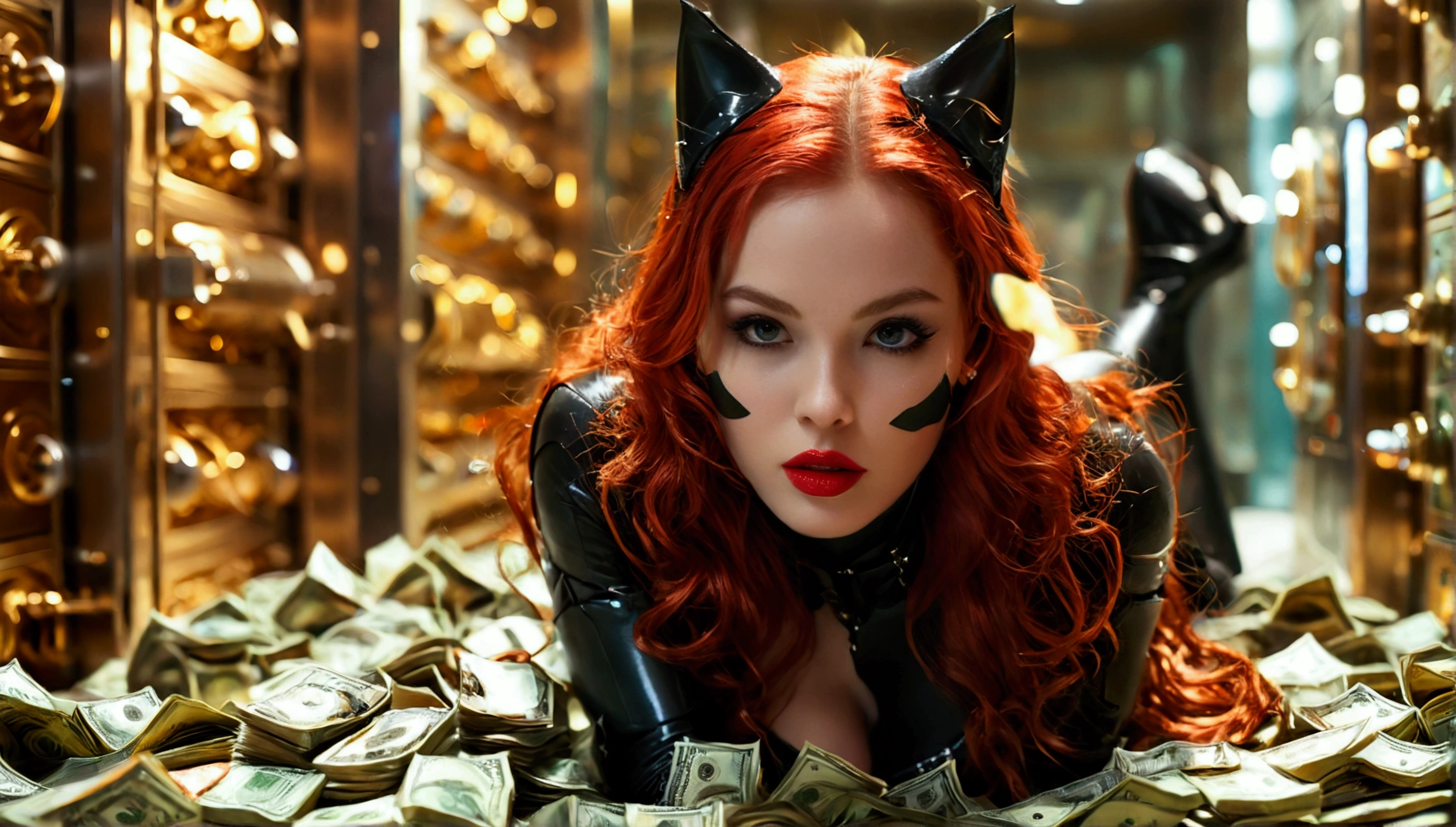 ultra realistic, photography, long red hair, girl, 24 years old, hourglass figure, perfect body, small breasts, Flirty look, extremely detailed artgerm, in the style artgerm, lens 35 mm, blur background, wearing a catwoman (2004 movie) costume, n a huge bank vault filled with cash, laying in cash and holding a diamond in her hand, full body picture, full body, red lips, full body portrait