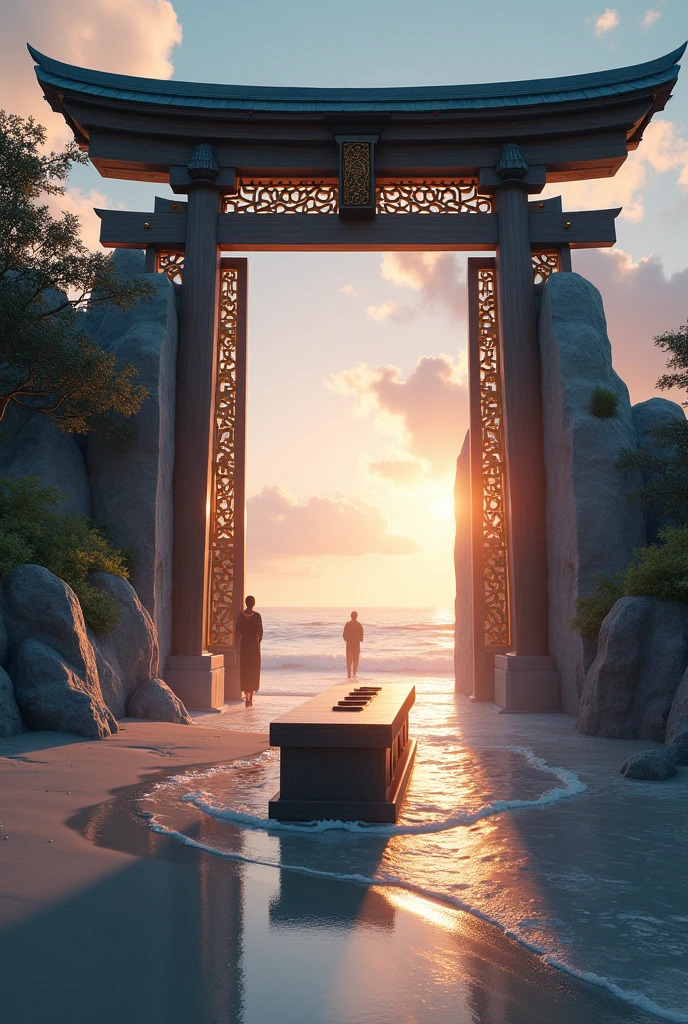 Japanese portal, beachfront, coffin, people 