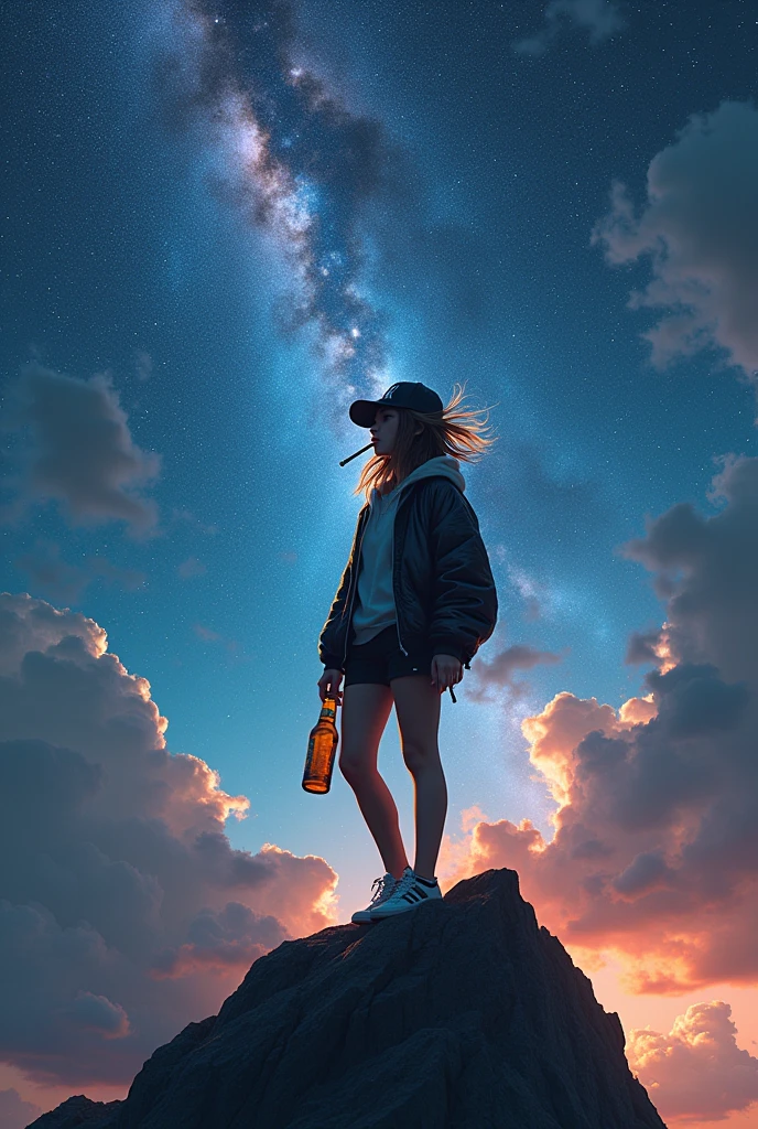Tomboy girl with a Yankees cap with a cigarette in her mouth looking at the galactic sky with the Star Link star train sitting looking at the abyss from a mountain with a jacket and Adidas shoes and a bottle of beer