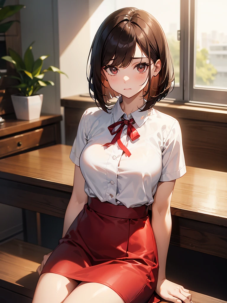 medicine:1.Close-up on 9: Gloomy expression, brown hair:1.3 Dark Room Wavy Hair:1.3. Bob Cut Hair:1.6. Round Eyes Beauty:1.3. Well-shaped breasts, large breasts, brown eyes, side-swept bangs:1.6. My cheeks are red:1.3. On the table (medicine:1.3) A small glass of clear water, a white blouse, short sleeves, stylish, a red long skirt:1.3 Apartment room Sitting on a chair Table