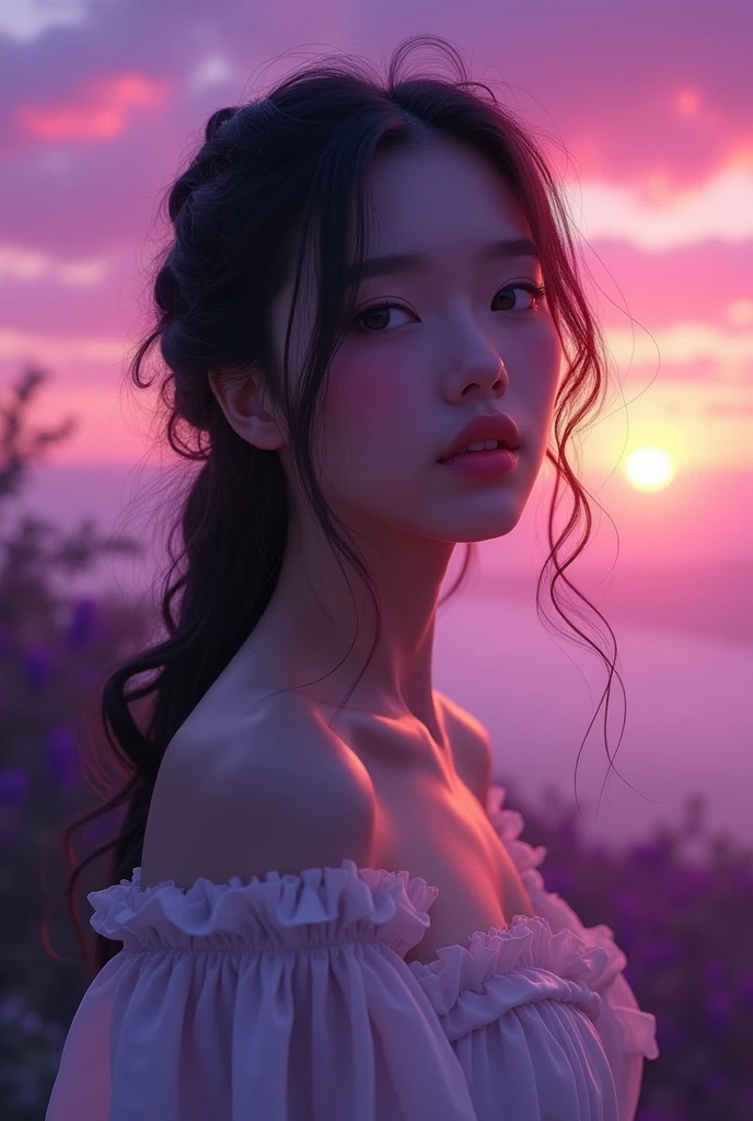 The most beautiful girl in the world,Beautiful purple sunset in the background,The characters occupy two-thirds of the main body of the picture.