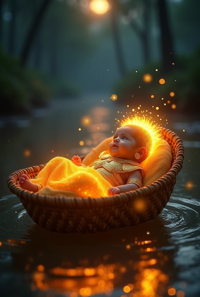 Small baby with the armour given by the Sun god with golden earrings from Surya Dev with the glow of the sun in whole body a great warrior in his destiny in river lying inside a basket in night
